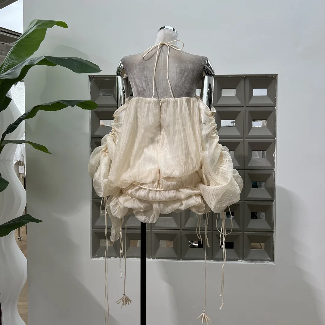 Billionm Summer Time Pure Romantic Lysula With Folded Puffs Folded Puffs Hanging Neck-Luff Dress Thin