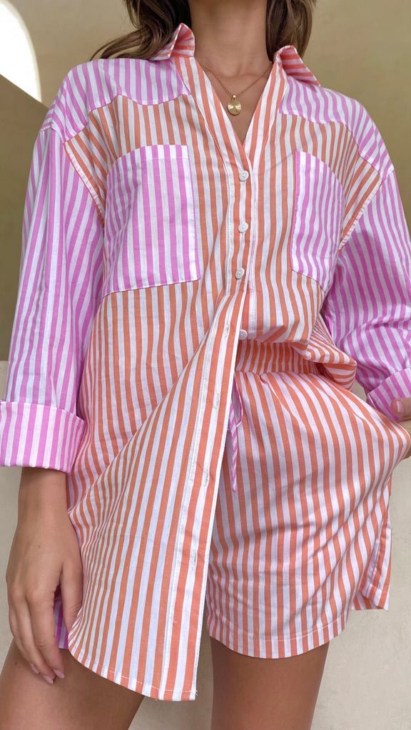 Women Long Sleeves Top Stripe Shirt Set