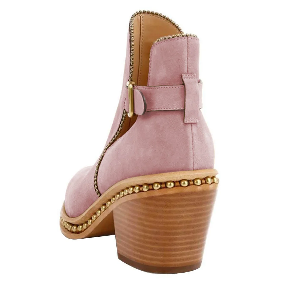 Vegan Suede Studded Stacked Heel Buckle Strap Ankle Boots in Pink