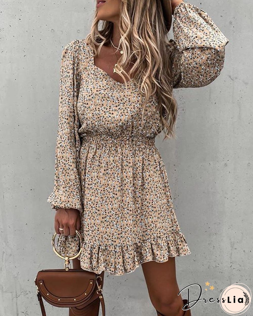 Ditsy Floral Print Bloomer Sleeve Ruffles Skinny Waist Dress P11273
