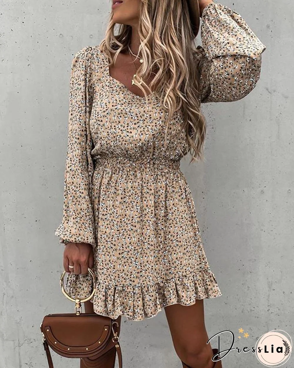 Ditsy Floral Print Bloomer Sleeve Ruffles Skinny Waist Dress P11273