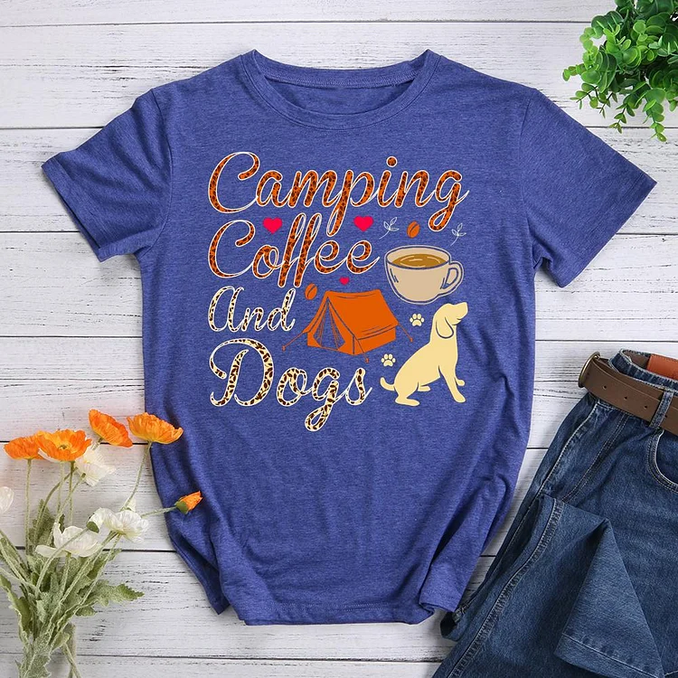 Camping Coffee and Dogs Round Neck T-shirt-018439