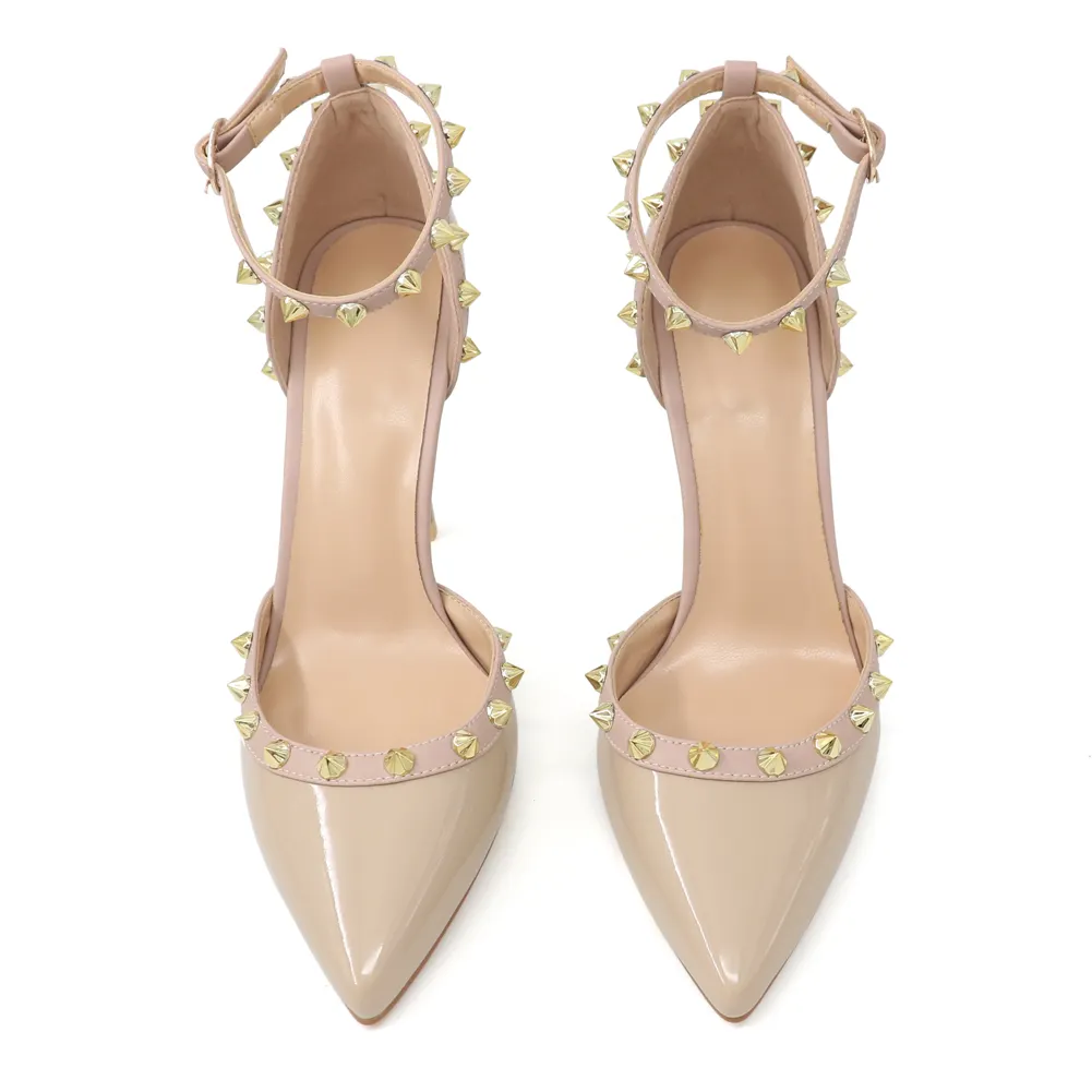 100mm Womens Pointed Toe Pumps Golden Point Rivets Ankle Strap Sandals-vocosishoes