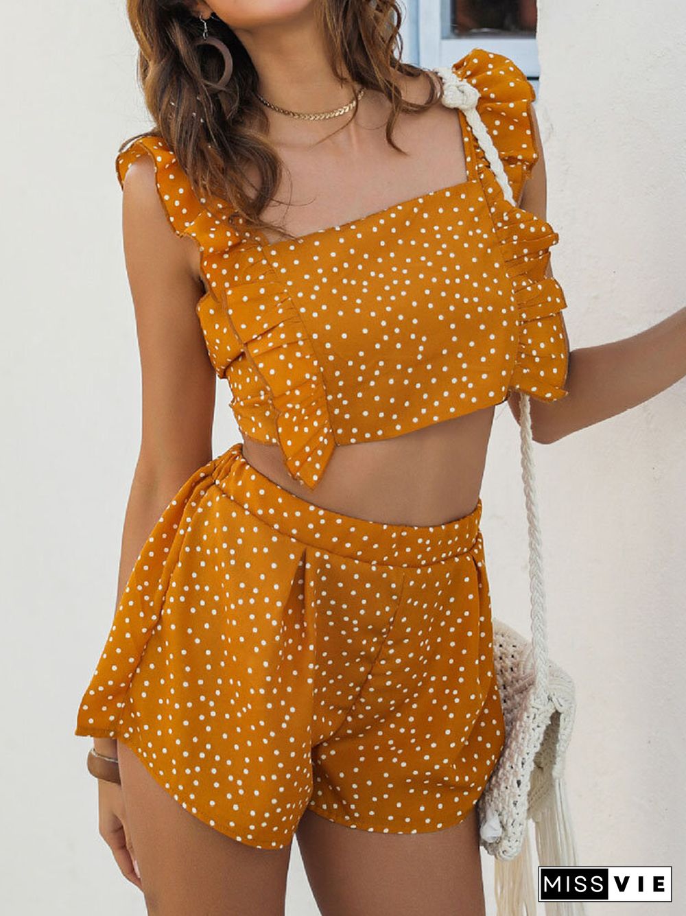 Dot Print Open Back Bowknot Ruffle Sleeve Two Pieces Suit