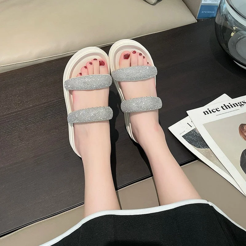 Women plus size clothing Women Striped Rhinestone Massage Platform Sandals Slippers Shoes-Nordswear