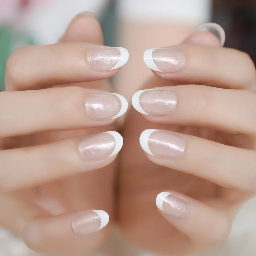 French Square Nails Round Natural Designed Nails Classical Nude Full-cover Nails Daily Wear Flase Nails Fingernails White Edge-Nail Inspo