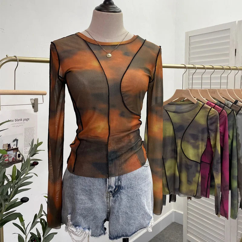 Uveng Sunset Sun Dyed Elastic Mesh Yarn T-Shirt Stacked With Long-Sleeved Top Press Line T-Shirt 8980