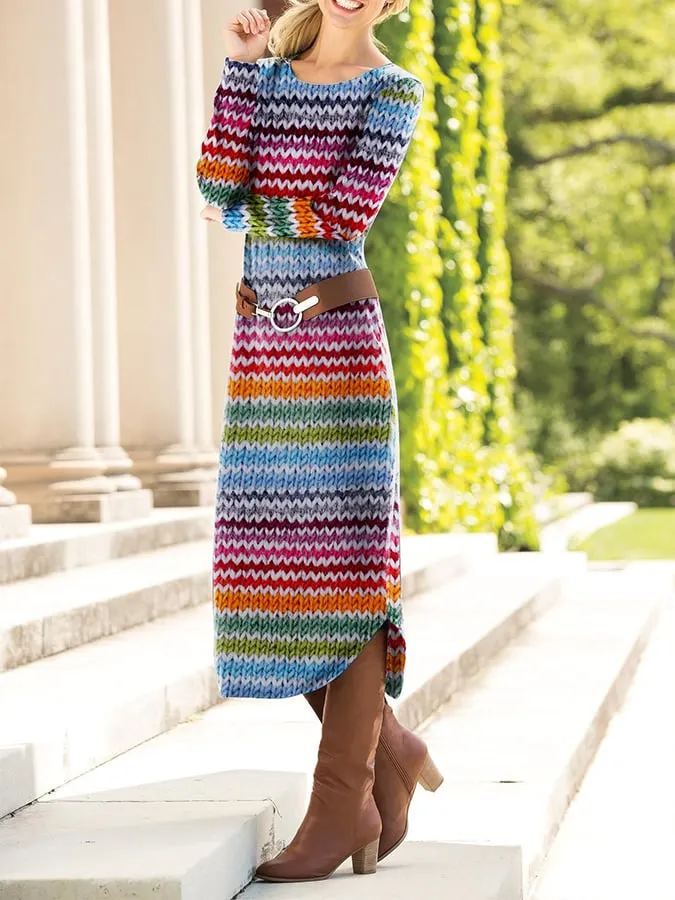 Women's Retro Casual Imitation Wool Printed Brushed Dress - No Belt