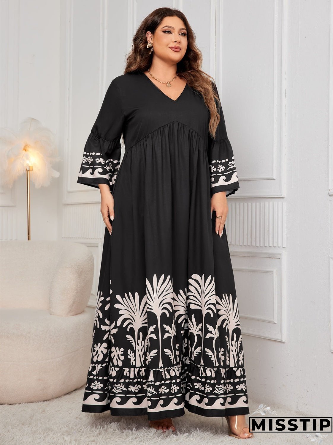 Plus Size Printed V-Neck Long Sleeve Maxi Dress