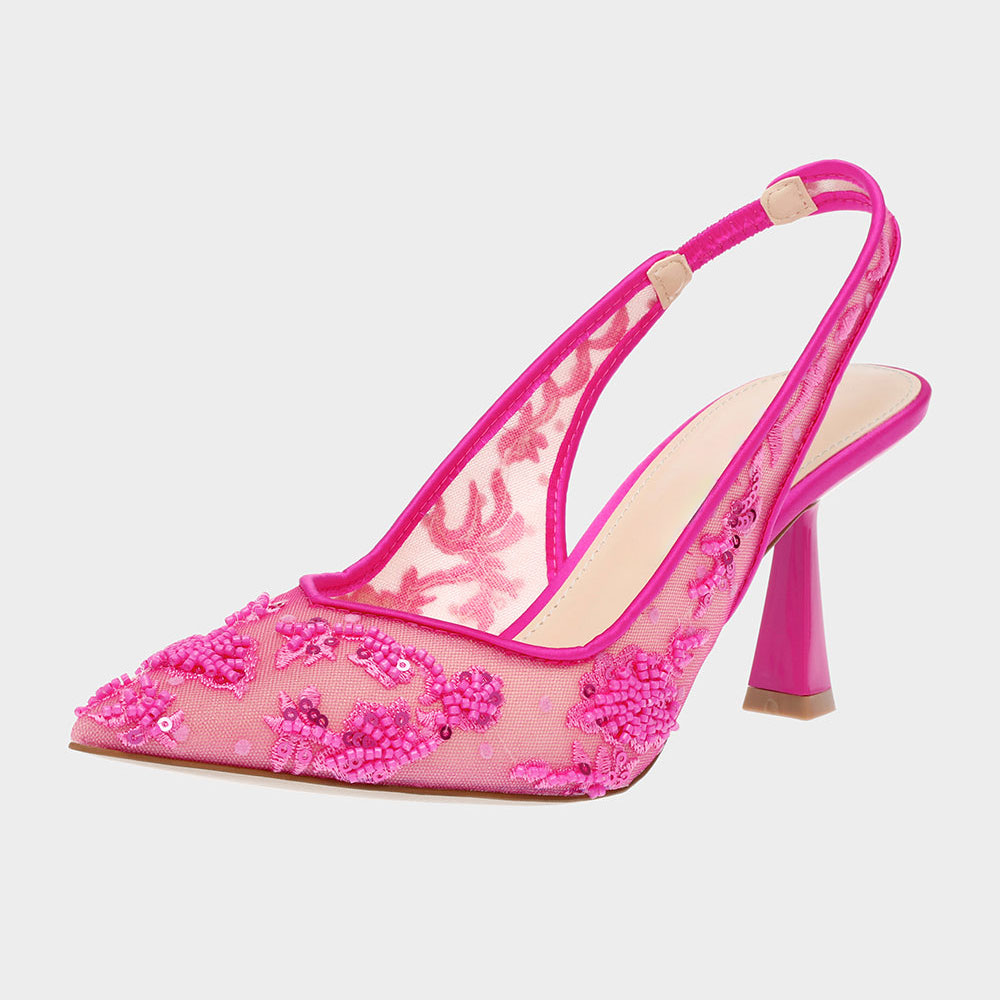 Fuchsia Mesh Beads Sequins Pointed Toe Flared Heel Slingback Shoes Nicepairs