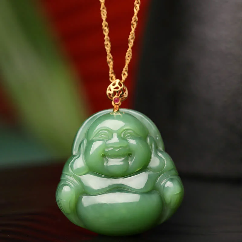 Laughing Buddha 925 Sterling Silver Hetian Cyan Jade Luck Chain Necklace Pendant
