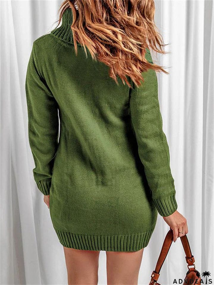 Casual Turtle Neck Knitted Sweater Dresses