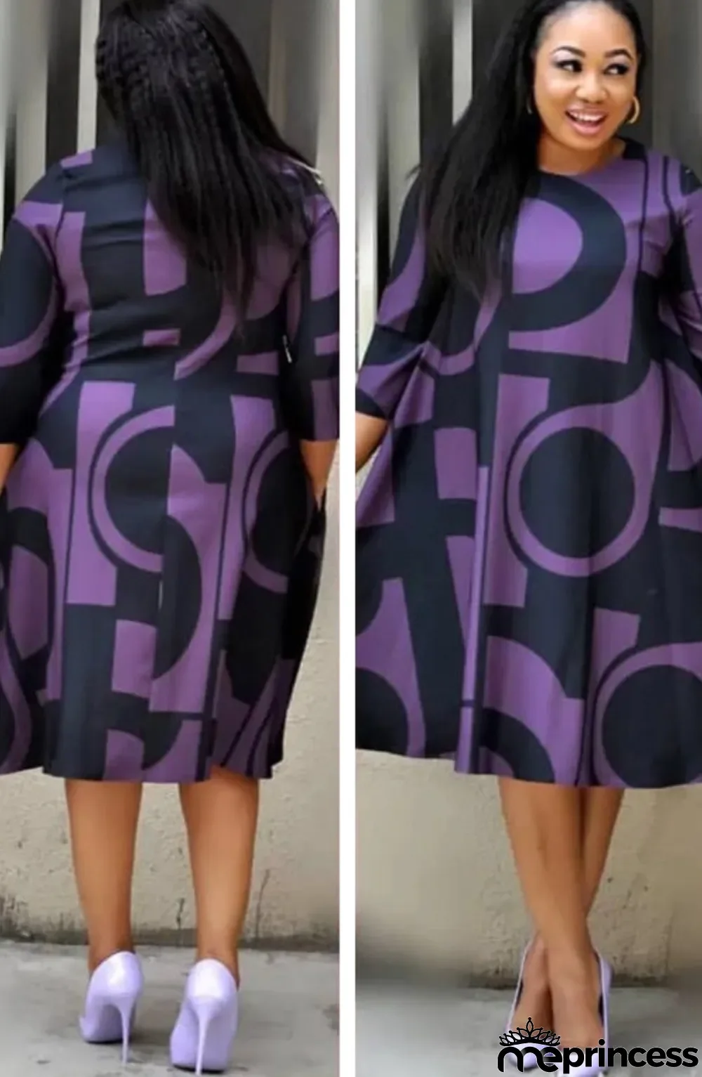 Autumen Plus Size Fit-and-Flare Print Mature Dress with 3/4 Sleeves