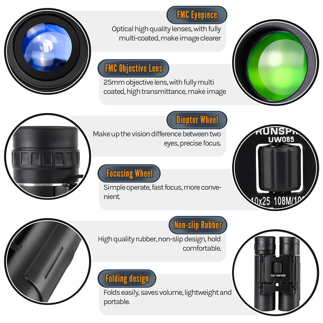 BEBANG 10x25 Binoculars for Kids Adults, Waterproof Small Compact Lightweight Folding Mini Pocket Binoculars for Bird Watching Hiking Travel Concerts Theater Opera