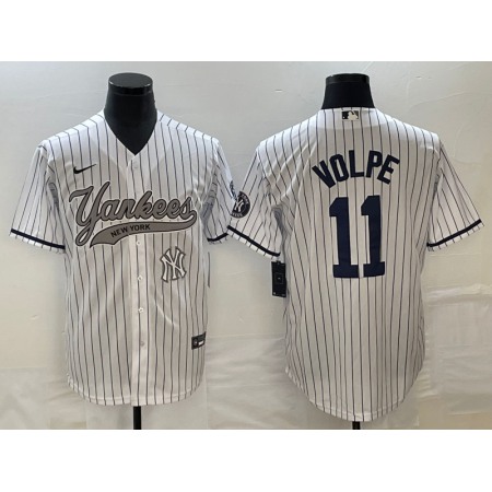 Men's New York Yankees #11 Anthony Volpe White With Patch  Cool Base Stitched Baseball Jersey