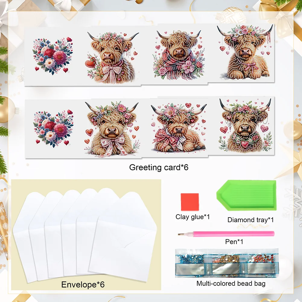 [Upgrade-Laser Card]6Pcs Love Yak Diamond Painting Greeting Card Rhinestones Diamond Wish Card