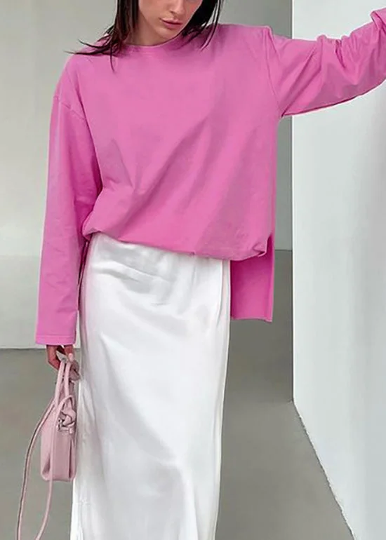 Chic Pink O Neck Versatile Cotton T Shirts Fall