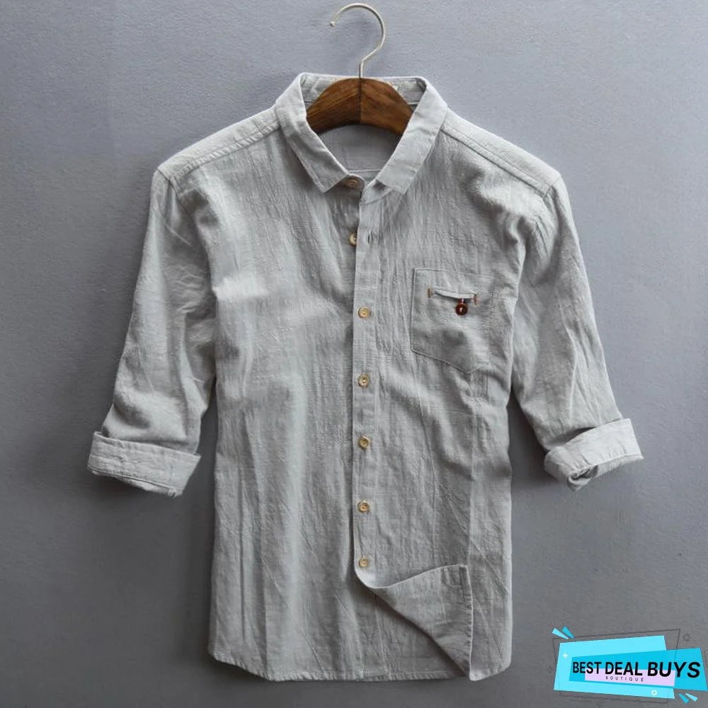 Men Spring/Fall 3/4 Sleeve Loose Turndown Collar Shirts Linen