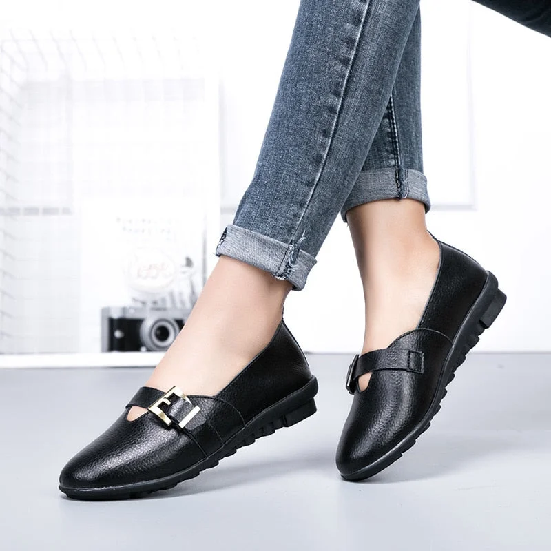 Genuine Leather Women Flat Shoes Comfortable 2020 Spring Autumn Oxfords Hook Loop Ladies Leather Shoe Large Size 35-43