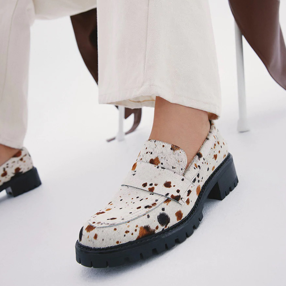 White Closed Toe Spotted Design Low Chunky Heel Womens Loafers Nicepairs