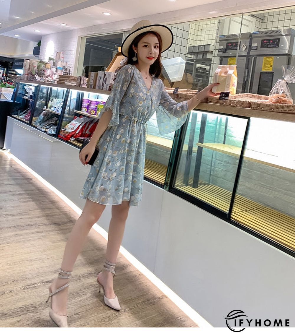 Spring Summer Chiffon Women V-Neck Floral Print Short Dresses Sweet Ruffle Sleeeve Slim Drawstring Ladies Dress | IFYHOME