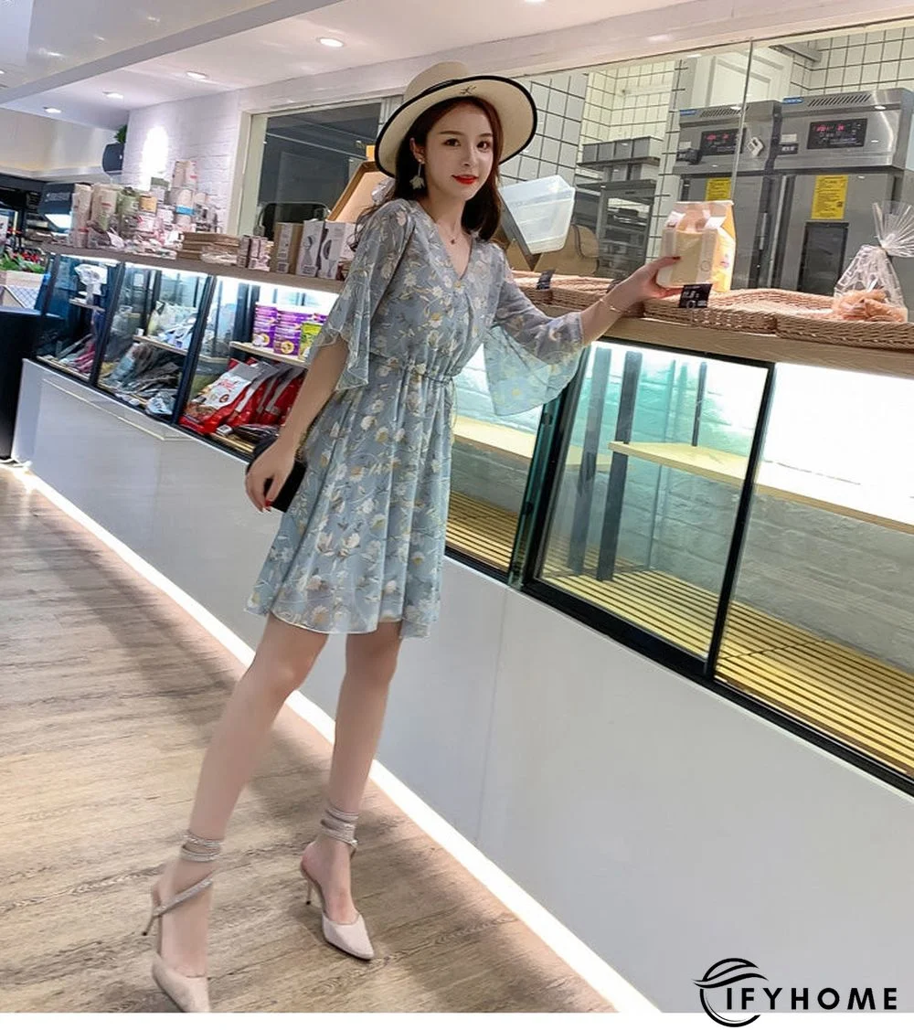 Spring Summer Chiffon Women V-Neck Floral Print Short Dresses Sweet Ruffle Sleeeve Slim Drawstring Ladies Dress | IFYHOME