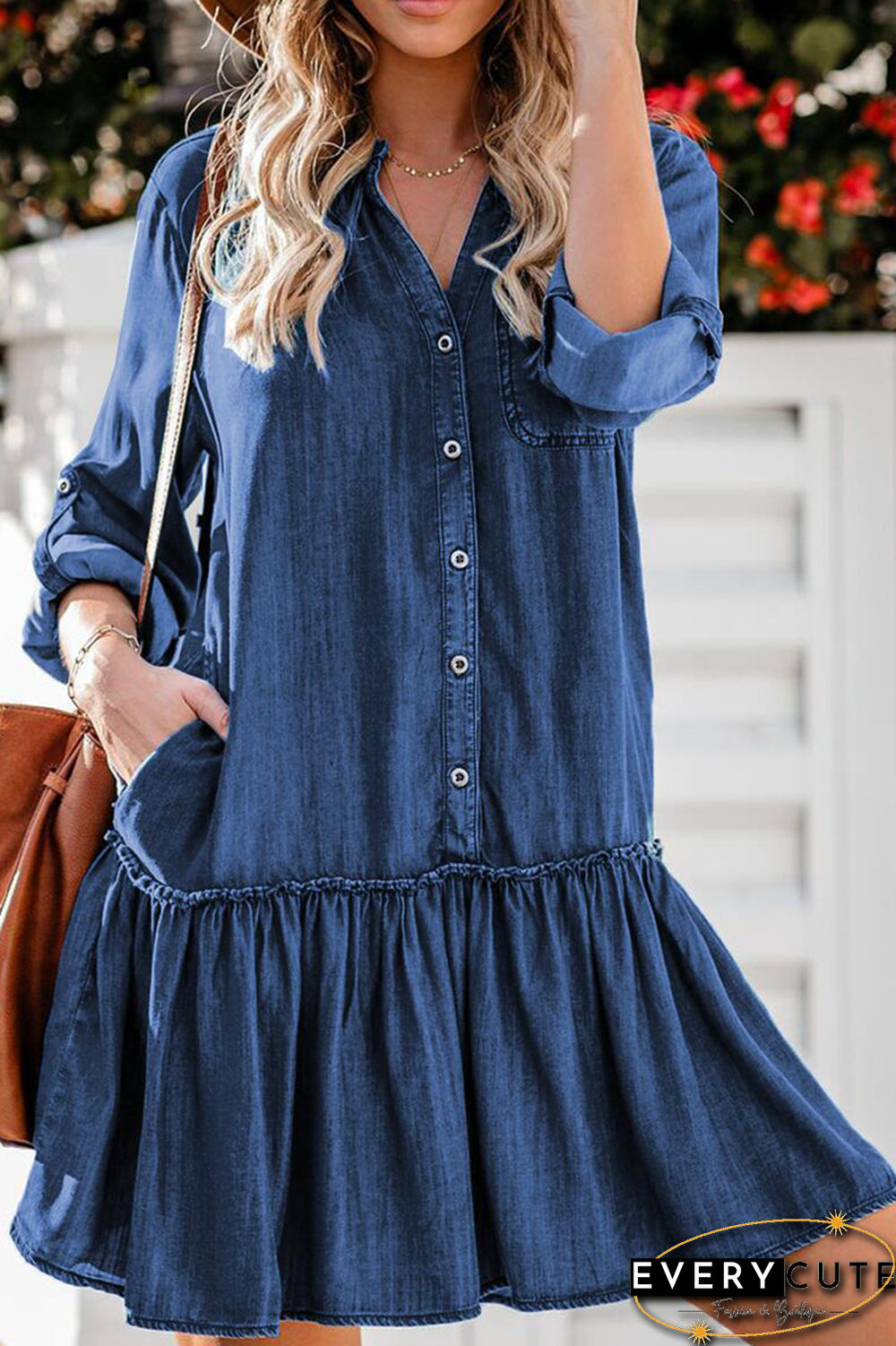 Sweet Solid Split Joint V Neck Cake Skirt Dresses