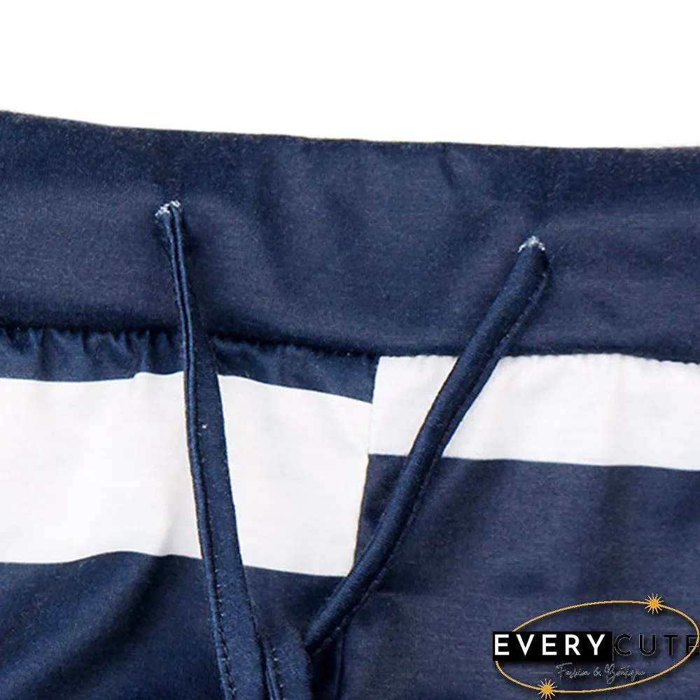 Navy Blue Long Sleeve Top and Striped Pant Set