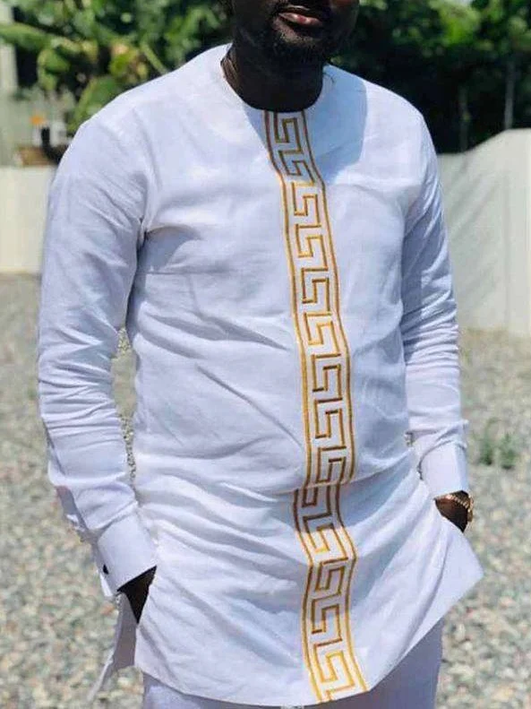 Men's casual white printed long-sleeve top
