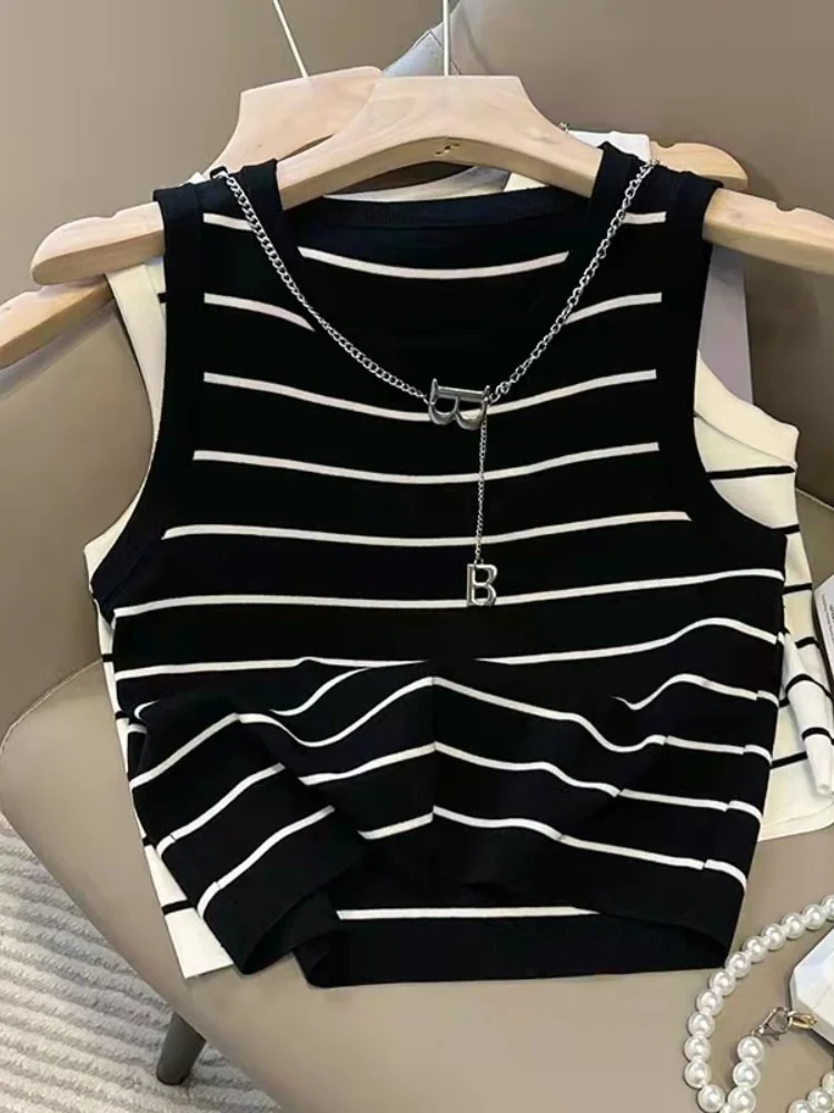 Zingj Summer Striped Knitted Sleeveless Top High Waist Navel Short Vest T-shirt Tops Tank Top Tops for Women White Corset Top