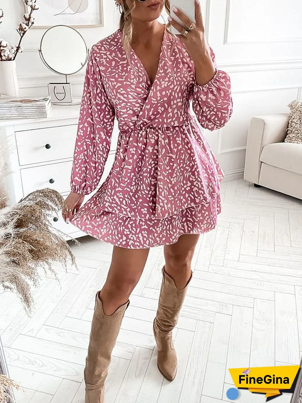 Cross V Neck Long Sleeve Mini Dress