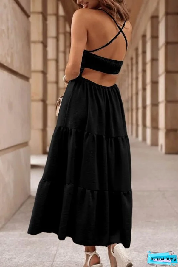 Oatmeal Crossover Backless Bodice Tiered Maxi Dress
