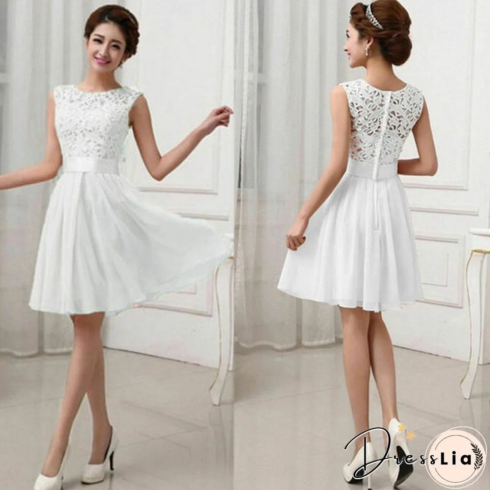 New Fashion Women Chiffon Lace Dress Sleeveless O Neck Solid Color Elegant Princess Party Dress Sleeveless Wedding Prom Dress []