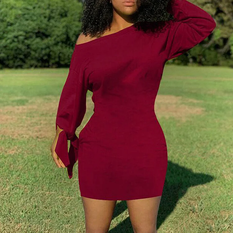 Solid One Shoulder Tied Long Sleeve Bodycon Dress - IRBOOM Fashion Clothing