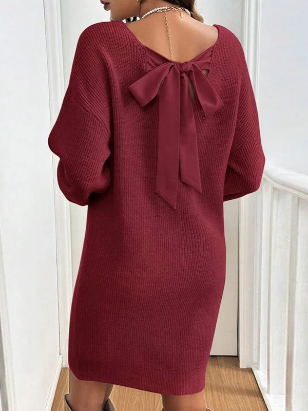 Athvotar Athvotar And Winter New Loose Knitting V-Neck Bow Long-Sleeved Sweater Dress Girl