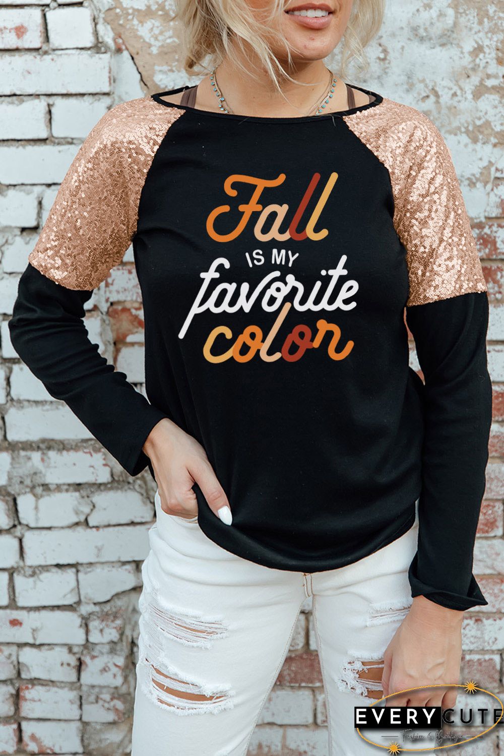 Black Fall is my favorite color Graphic Sequin Patch Top