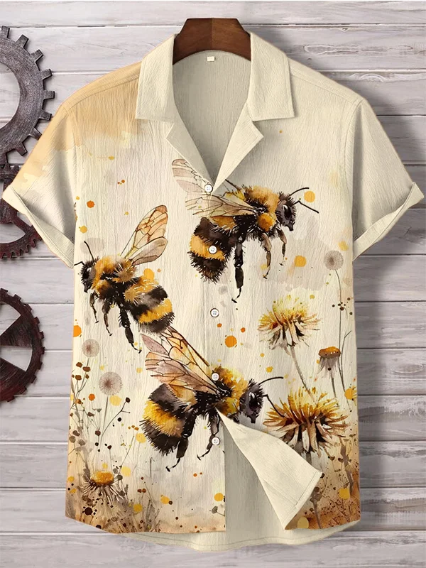 Men's Watercolor Art  Bees And Floral Print Shirt