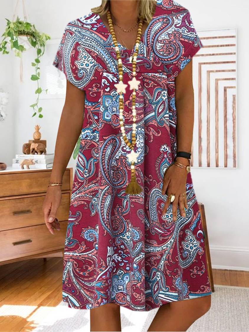 Women Half Sleeve V-neck Solid Color Dress