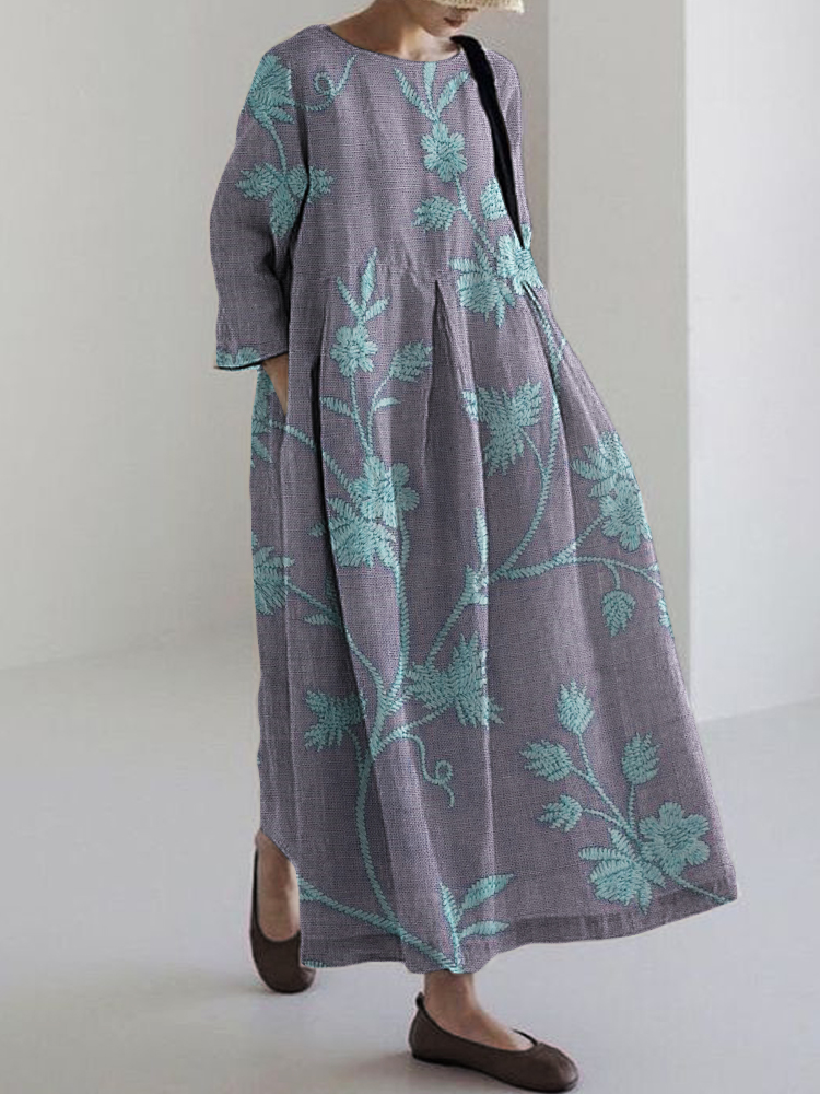 Classy Floral Embroidered Linen Blend Maxi Dress