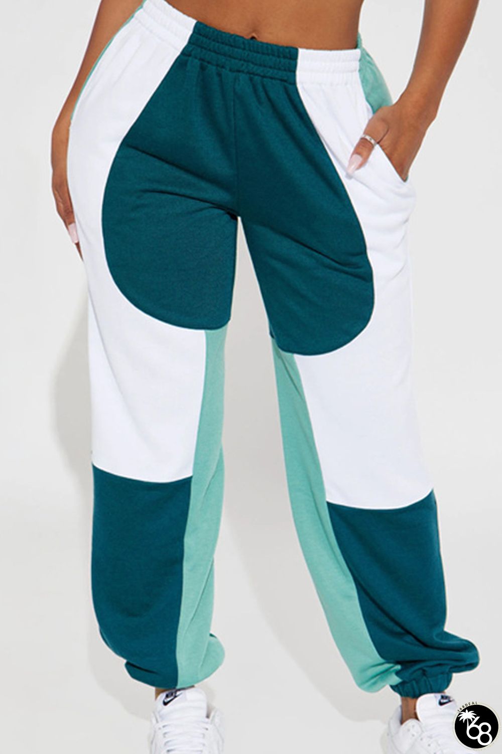 Green Casual Color Block Patchwork Pocket Regular Mid Waist Patchwork Bottoms | 168DEAL