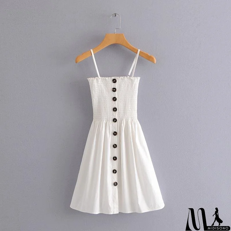 MidiSono - Front-breasted White Elastic Waist Sling Strap Dress