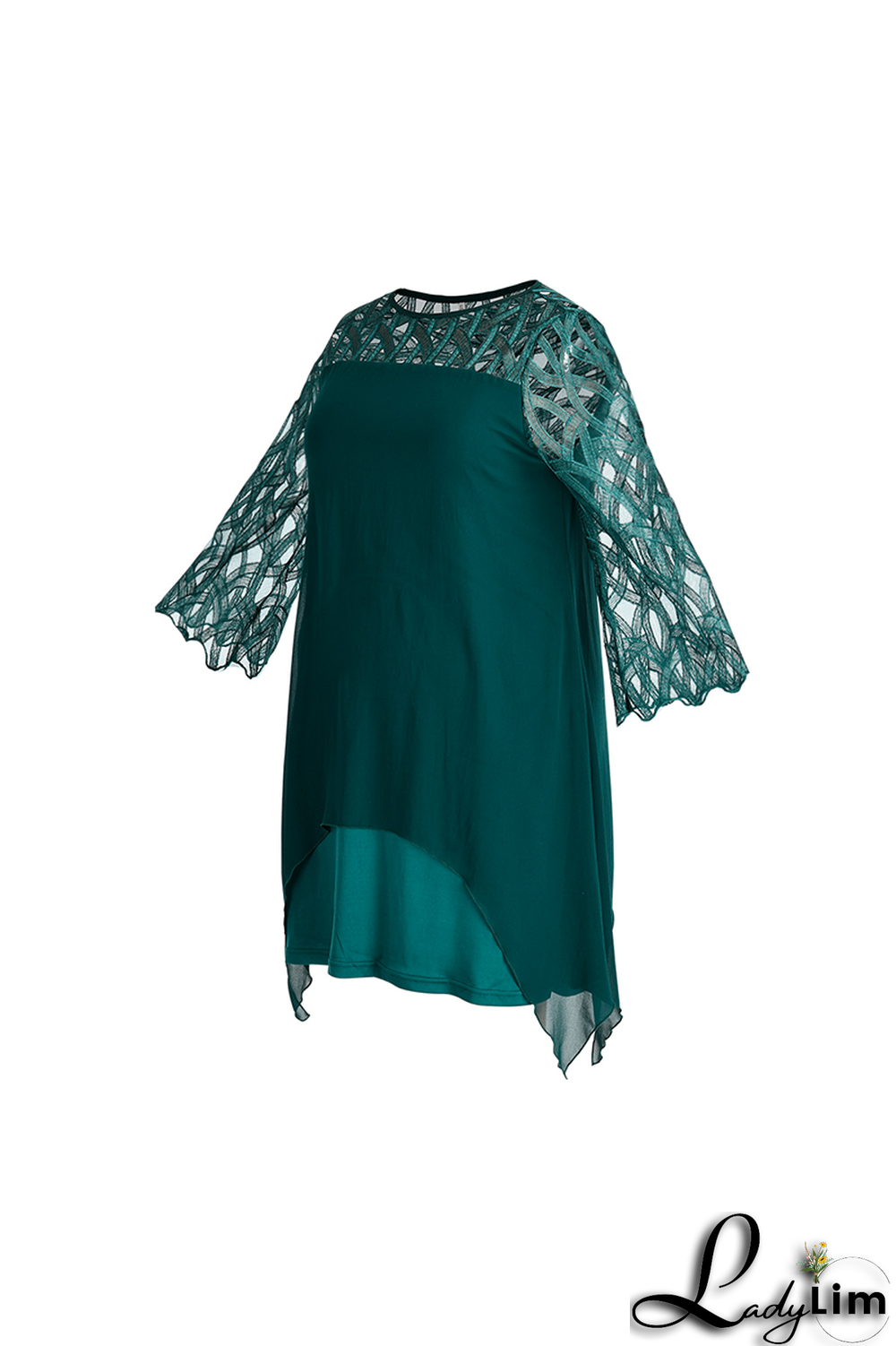 Ink Green Casual Solid Lace O Neck Straight Plus Size Dresses