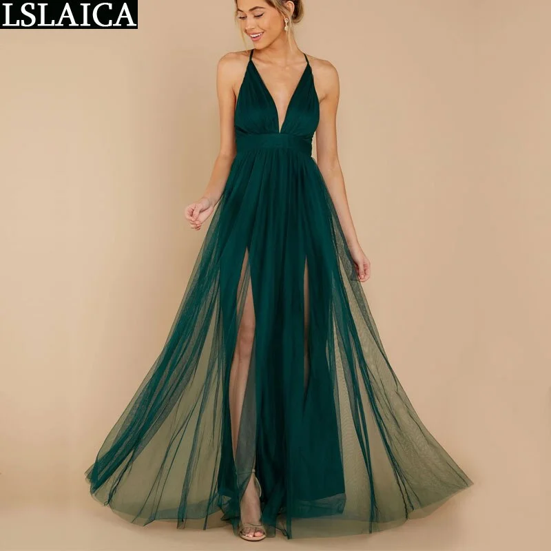 Fashion party dress green high waist spaghetti strap Deep V-neck sexy dress evening night club long dress casual streetwear