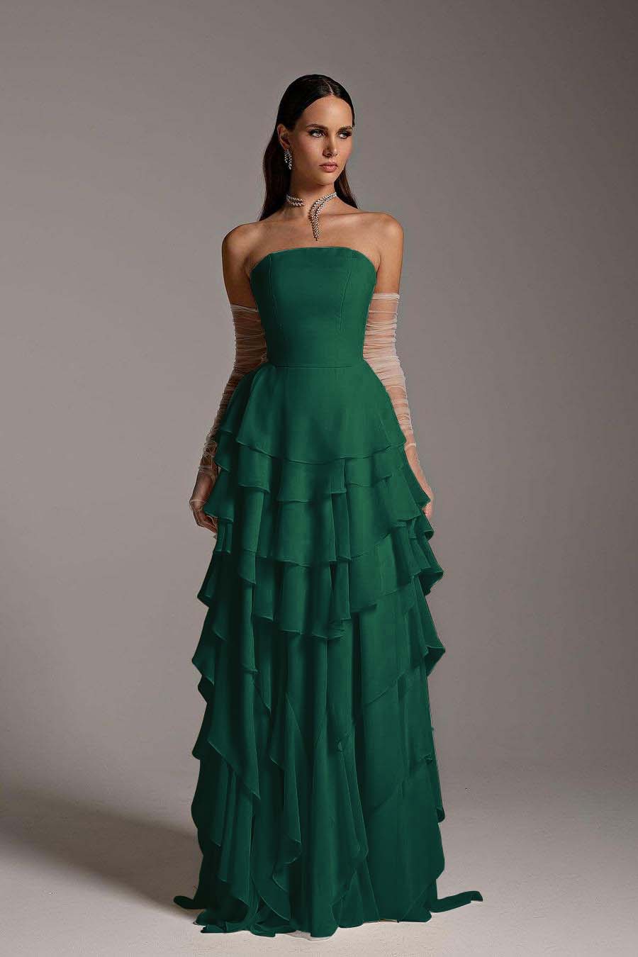 Hidais Charming Strapless Sleeveless Ruffles Long Prom Dress With Gloves