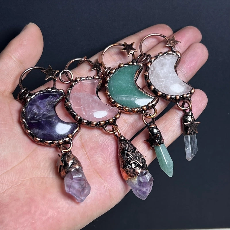 2 Pieces 35*91mm Crystal Green Aventurine Natural Stone Crystal Star Moon Pendant Jewelry Accessories