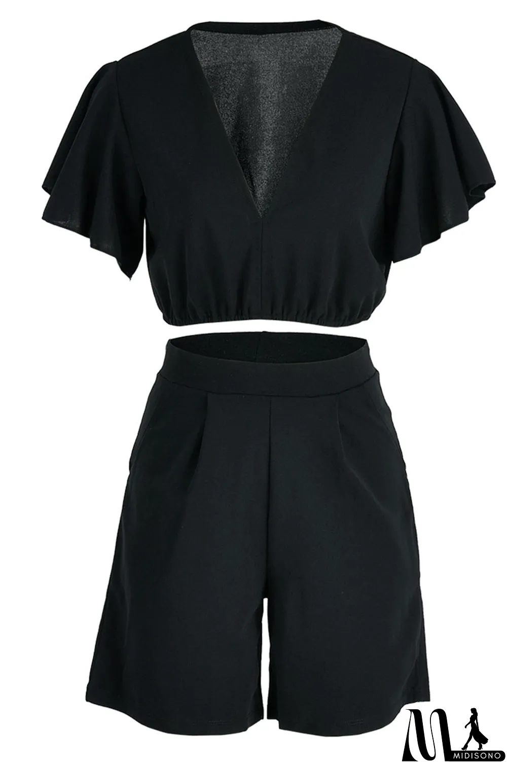 MidiSono - Yellow Casual Solid Patchwork Flounce V Neck Short Sleeve Two Pieces