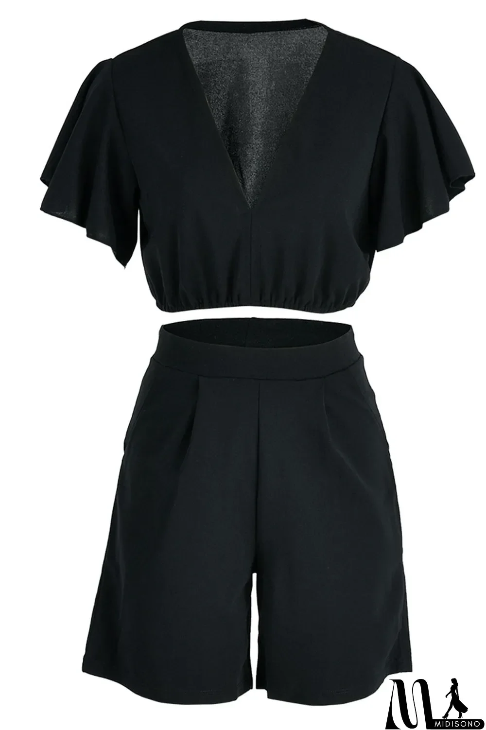 MidiSono - Yellow Casual Solid Patchwork Flounce V Neck Short Sleeve Two Pieces