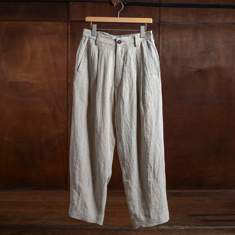 Men's Cotton And Linen Front Pleat Light Grey Wide-Leg Pants