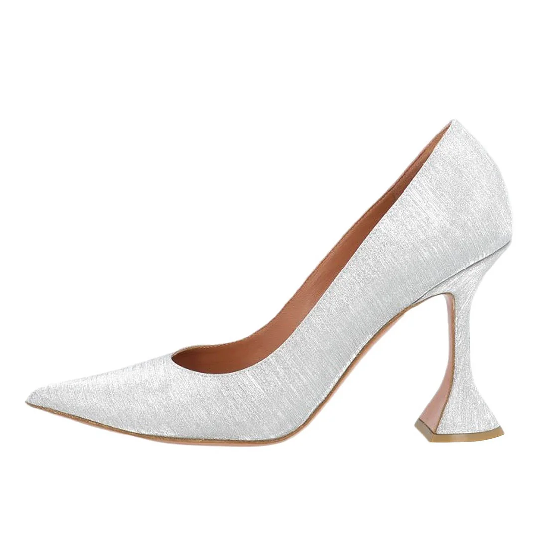 Silver Glittery Touch Pointed Toe Flared Heel Women's Bridal Pumps