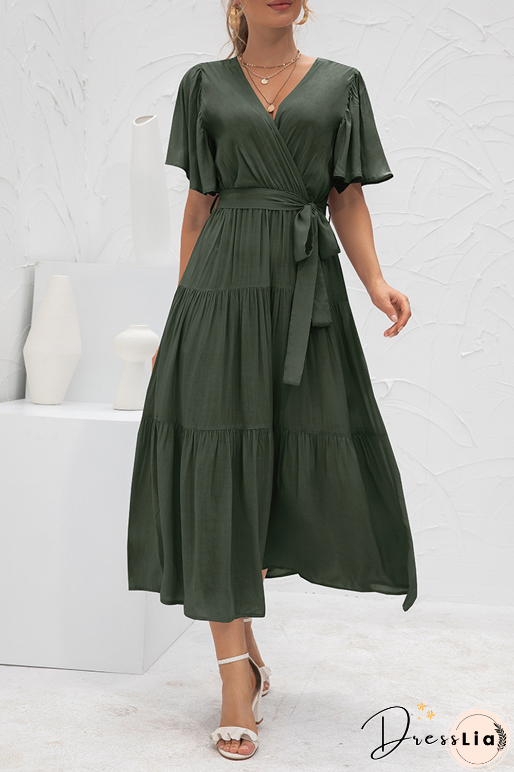 Elegant Solid Split Joint With Belt V Neck Cake Skirt Dresses(4 Colors)
